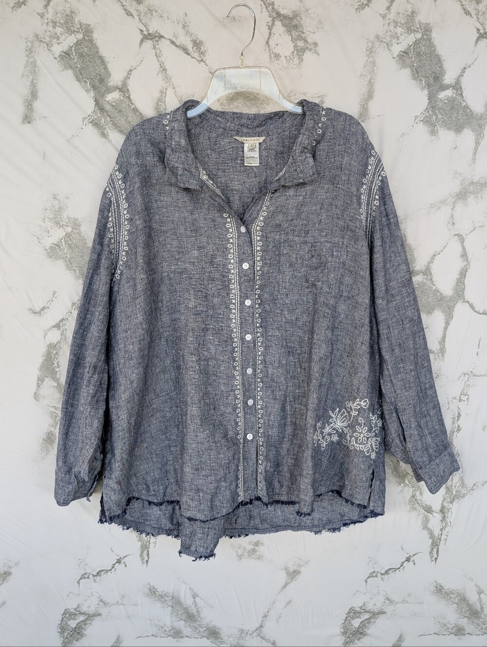 John Mark Chambray Blue Linen Floral Embroided Button Up Top Blouse Womens 2x